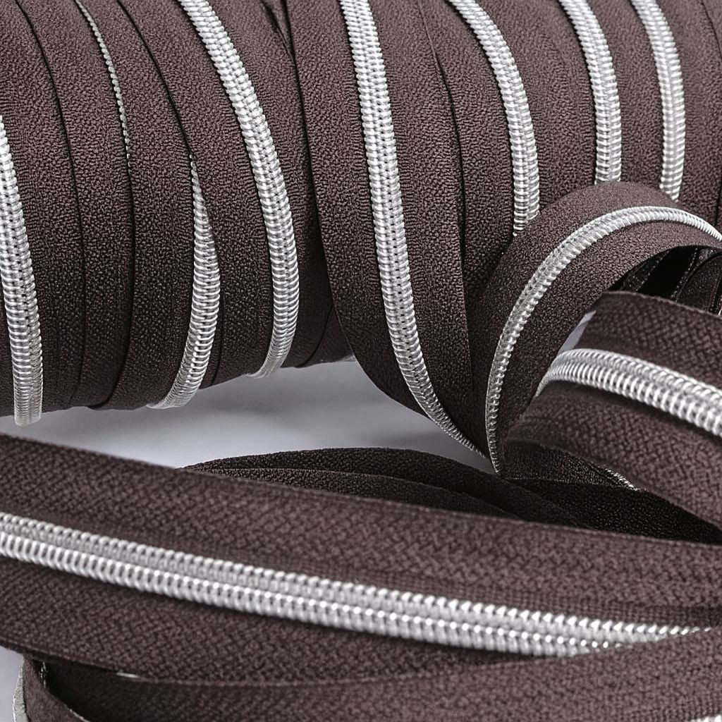 5mm Brown and Silver Zipper by the Yard - Maison Klem